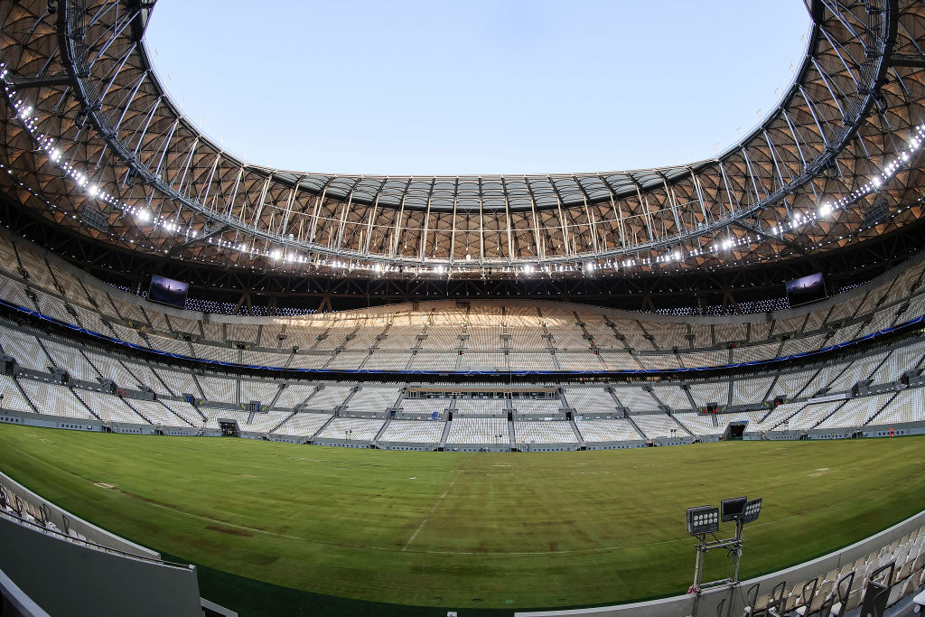 LUSAIL CITY, QATAR - NOVEMBER 17: (EDITORS NOTE: This image was taken using a fisheye lens) General View Of Lusail Iconic Stadium Field and Stands on November 17, 2021 in Lusail City, Qatar.