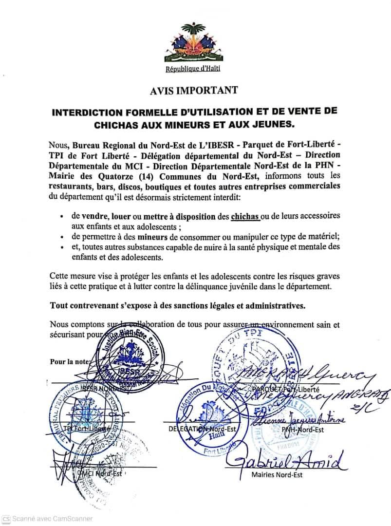 Haïti/Nord-Est : les autorités interdisent formellement la vente et l’usage des chichas aux mineurs