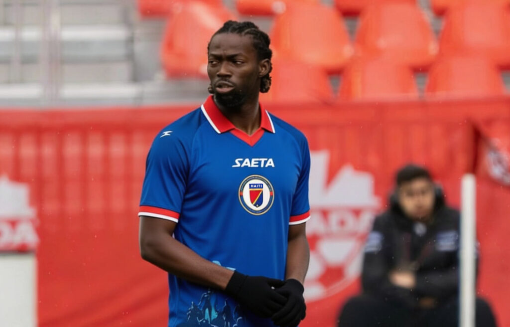 Woodensky Pierre | © Photo (Carl Gilbert) retravaillée avec le nouveau maillot de la sélection haïtienne de football, avec l'IA